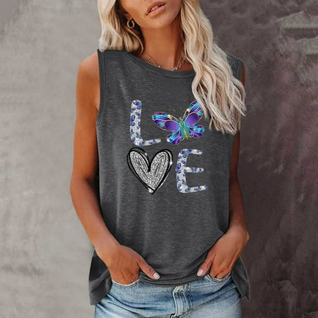 DondPO Going Out Tops for Women Corset Tops Women Summer Sleeveless O Neck Sunflower Print Tank Tops Casual T Shirts Blouse Tank Top for Women Camisole Tops Dark Gray L
