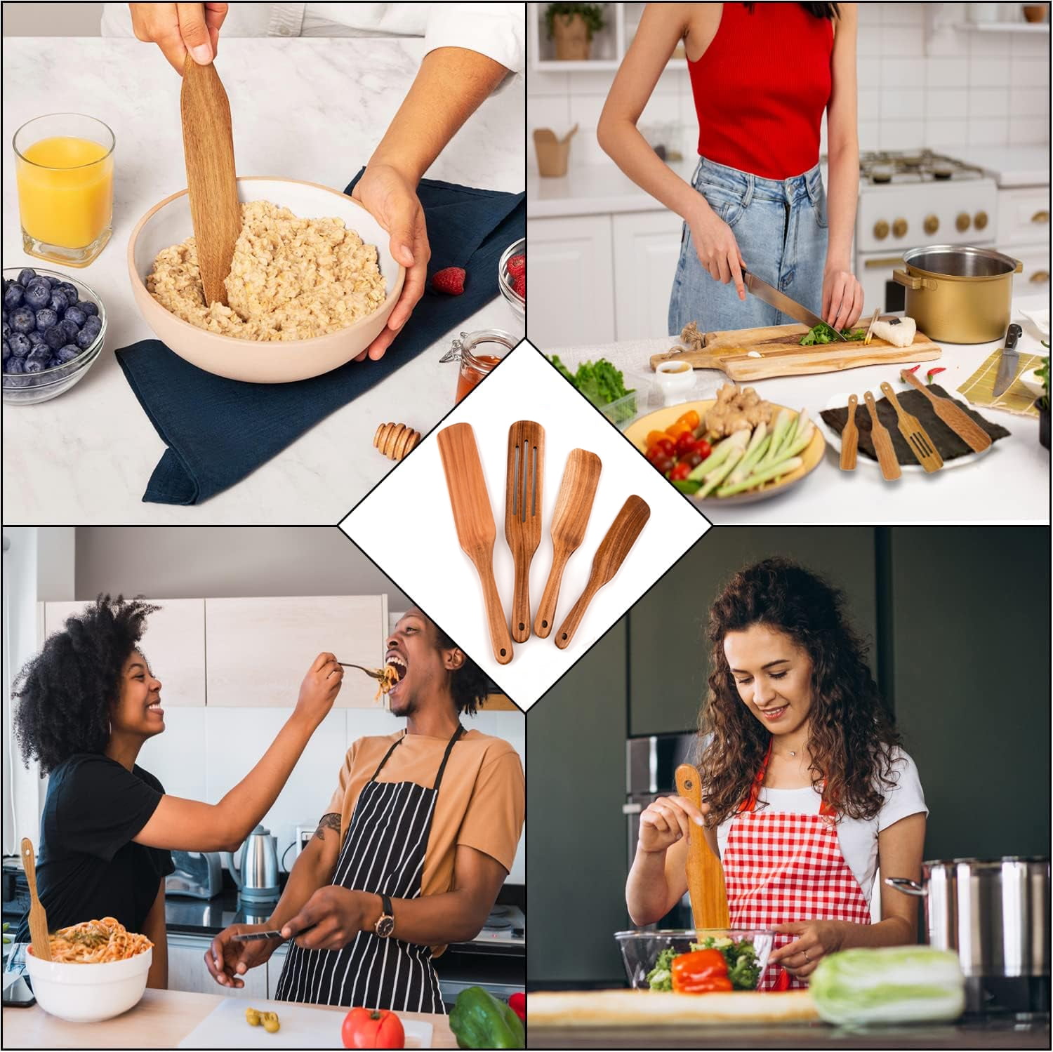 Wood Kitchen Spatula Set, 4pcs Natural Teak Wooden Spoons Non Stick Cookware Utensil Set for Cooking