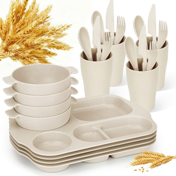 Inadays 24 Piece Wheat Straw Dinnerware Sets Cutlery Set Unbreakable Tableware Set Divided Plates Reusable Microwave Dishwasher Safe 4pcs Plates Bowl Spoon Knife Fork Cup