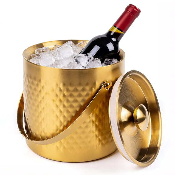 3L Stainless Steel Ice Bucket with Lid Gold Insulated Ice Bucket with Handle Double Wall Champagne Wine Ice Bucket for Bar Party Home Beverage Cooler, 7.48*7.48*7.28inch