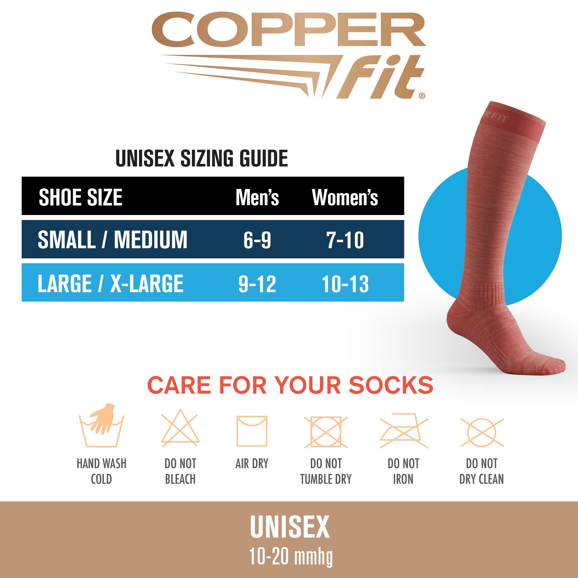 Copper Fit® Compression Socks, Copper Infused Easy-On/Off, 1-pair, Unisex, Heather Coral, S/M