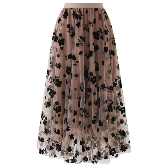 CHICWISH Women Tulle Skirt 3D Posy Midi Long Fairy Skirt Tutu A-Line High Elastic Waist Mesh Double-Layered Skirt Caramel