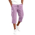 thumbnail image 7 of HKYNLAG Mens Long Cargo Shorts Below Knee Breathable Capris Pants Elastic Waist Solid Color Ankle Pants Purple 3XL, 7 of 7