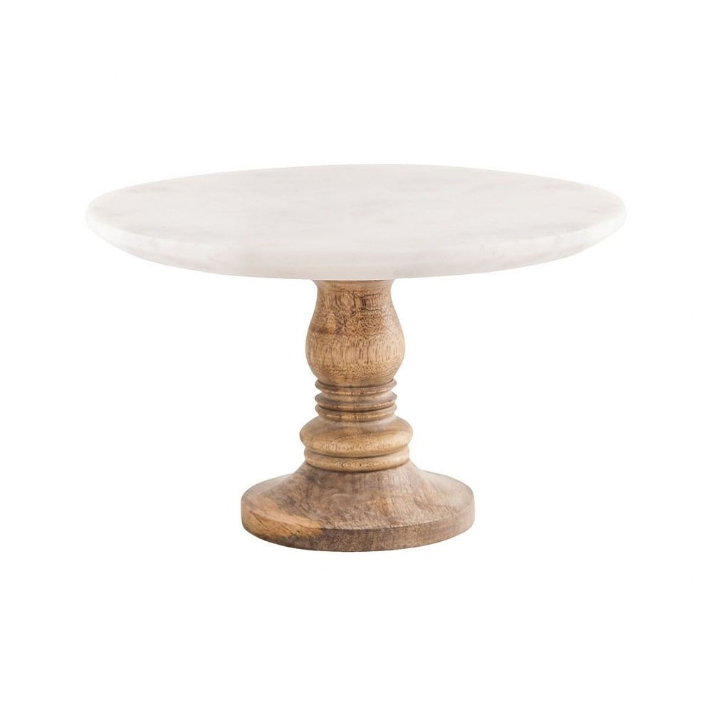Round Wood/White Marble Cake Stand In Mango Wood/Natural Agate/White