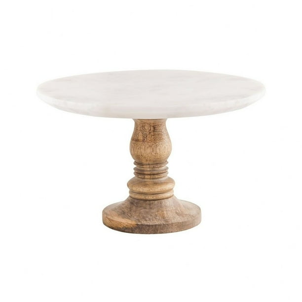 Round Wood/White Marble Cake Stand In Mango Wood/Natural Agate/White