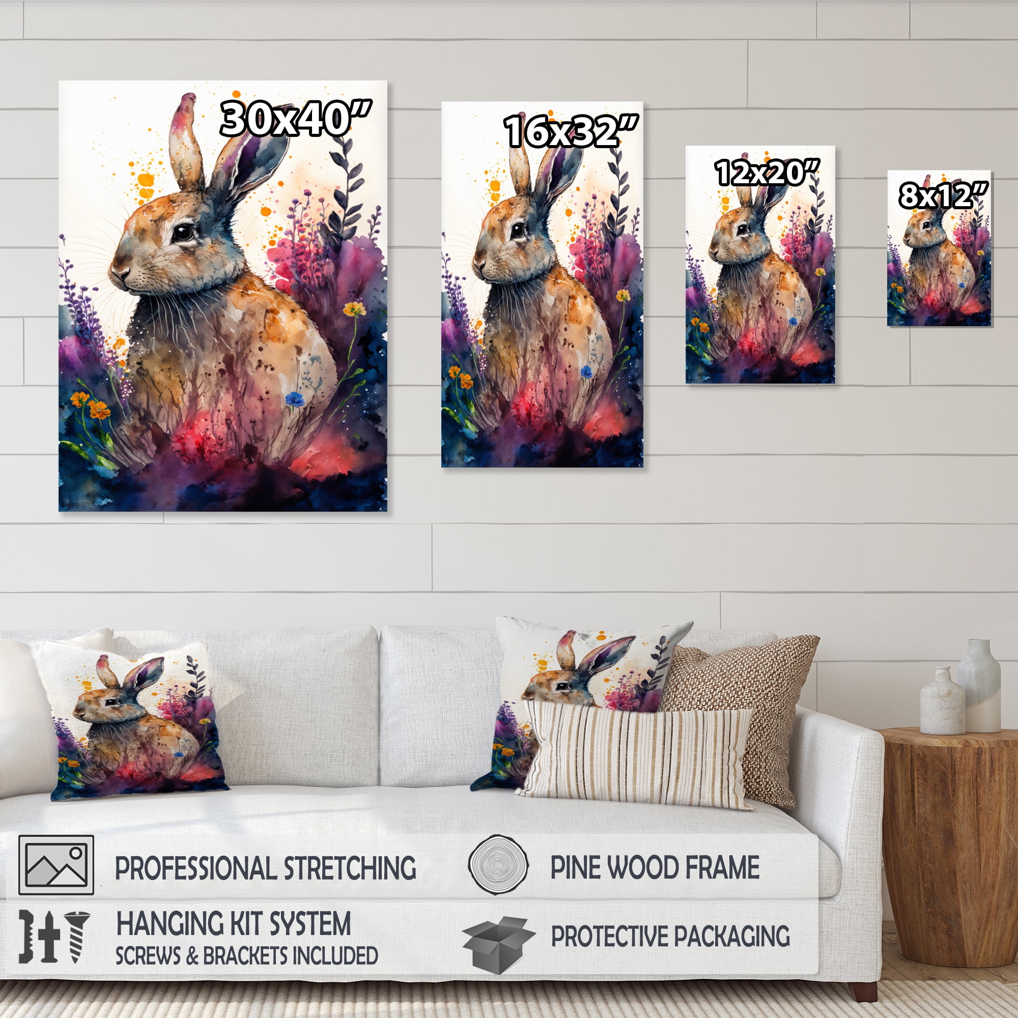 Designart Cute Rabbit Floral Art II Canvas Wall Art