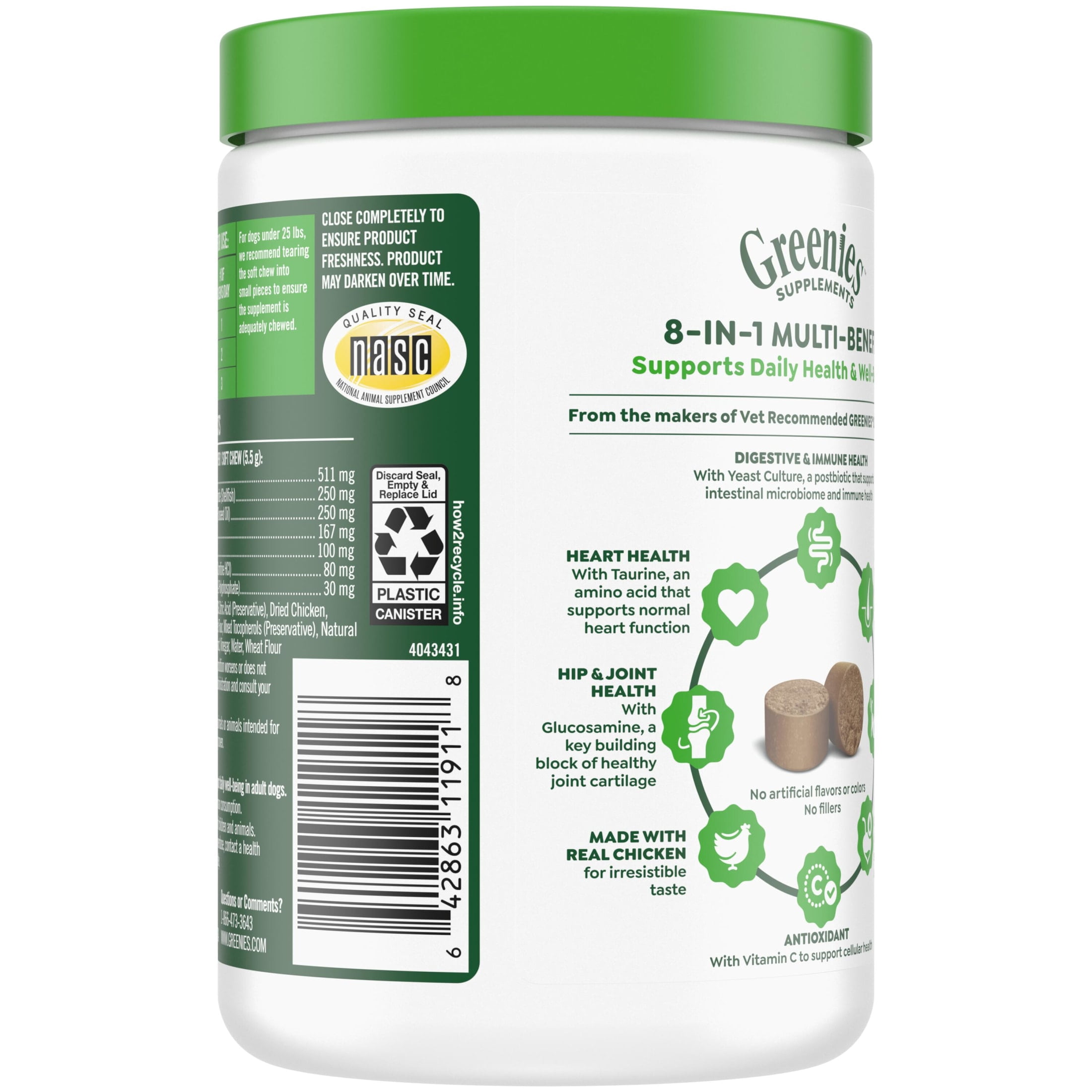 Greenies Supplements Chicken Flavor 8-in-1 Multi-Benefit Soft Dog Chews, 15.5 oz Tub, 80 Count