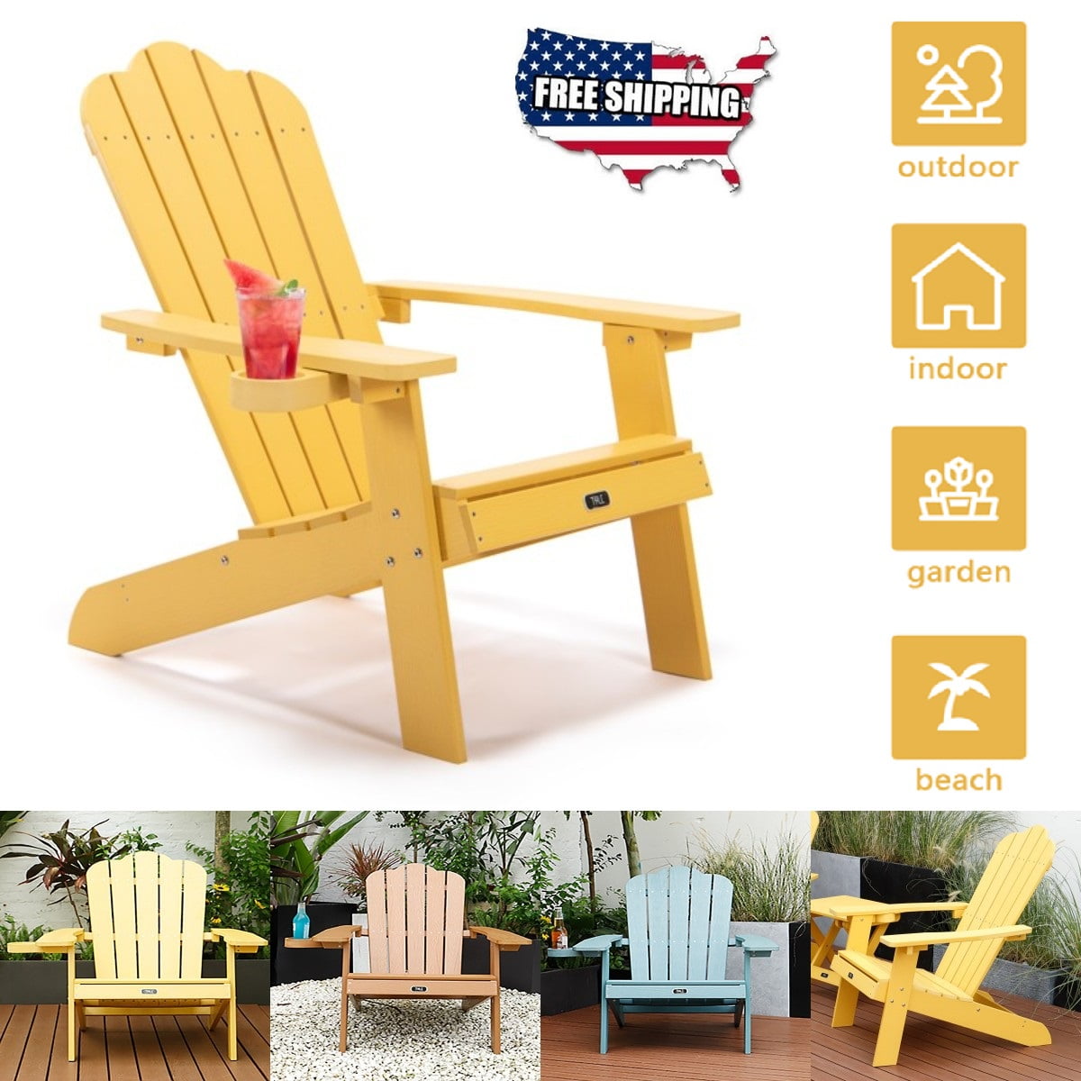 Adirondack Chair, Plastic Resin Deck Chair, Painted, Weather Resistant, for Deck, Garden