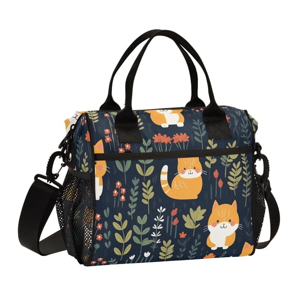 Cats Leaves Flowers Cooler Bag Lunch Bag Soft Cooler Cooling Tote Insulated Lunch Box for Adult Men Women