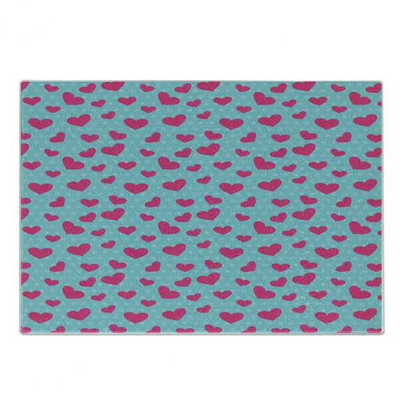 Pop Art Cutting Board, Retro 50s 60s Style Image with Hearts Abstract Polka Dots Art Print, Decorative Tempered Glass Cutting and Serving Board, Small Size, Hot Pink and Turquoise, by Ambesonne