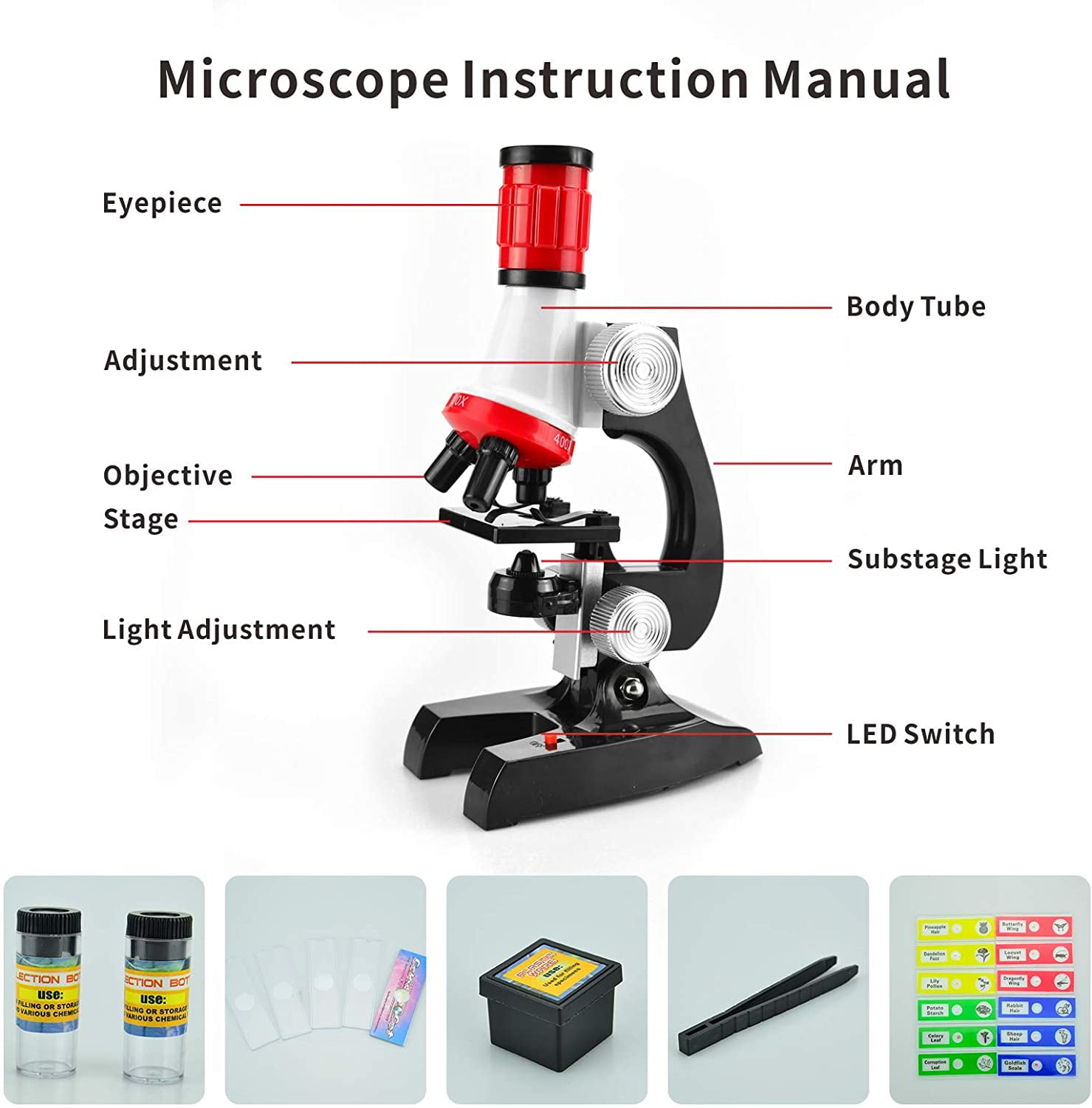 Educational Microscope Kit 1Life Science Microscope Kit Adjustable Kids Microscope Toy Set with LED 100x 400x 1200x Magnification for Beginners