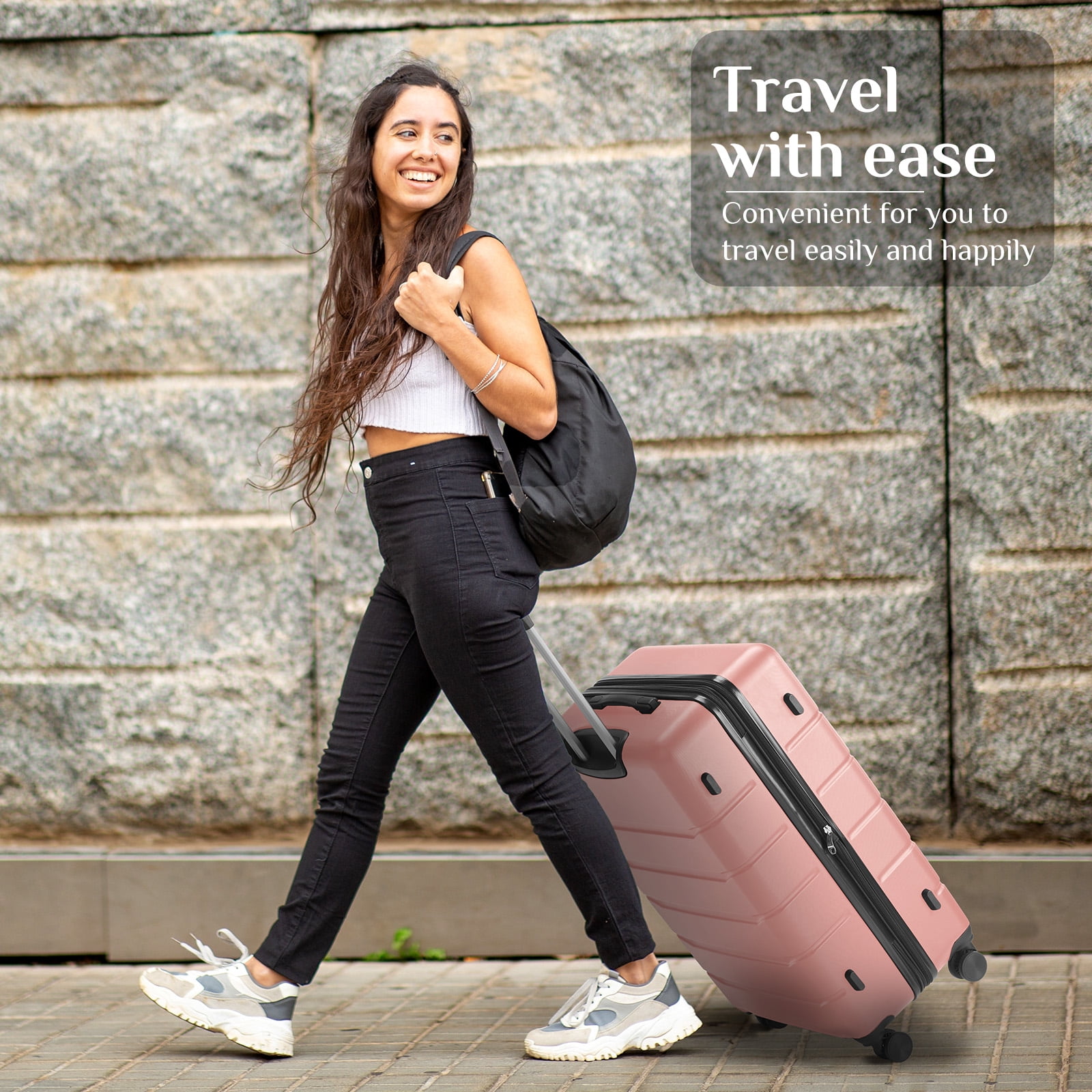 MCQ 3-Piece Luggage Sets, Hard Shell ABS Suitcases with Double Spinner Wheels, Lightweight Expandable Rolling Travel Suit Case with TSA Lock, Pink