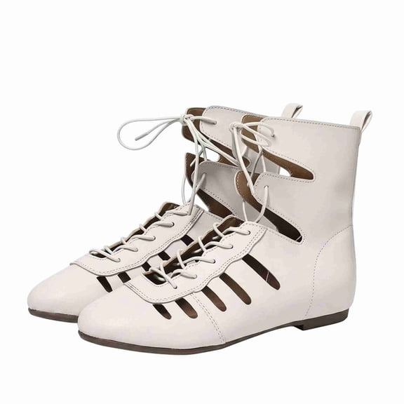 Women's Lace-Up Cutout Ankle Boots - Breathable Strappy Design, Flat Comfort Sole, Faux Leather Upper Flat Gladiator-Inspired Short Boots