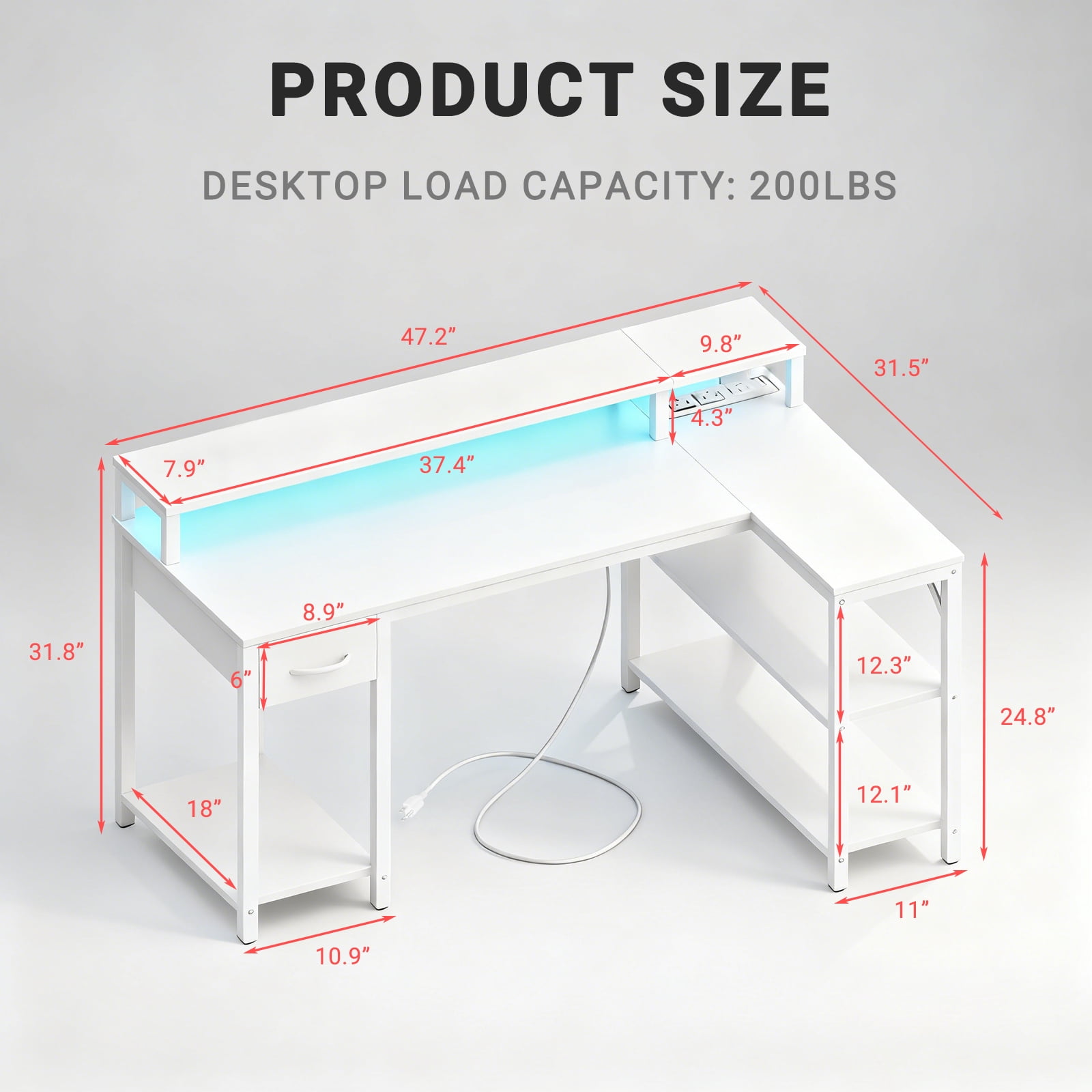 KPUY 47-Inch L Shaped Desk with USB Charging Port LED Light and Monitor Stand, Gaming Desk Home Office Desk for Home Office Dorm Sturdy Writing Workstation, White