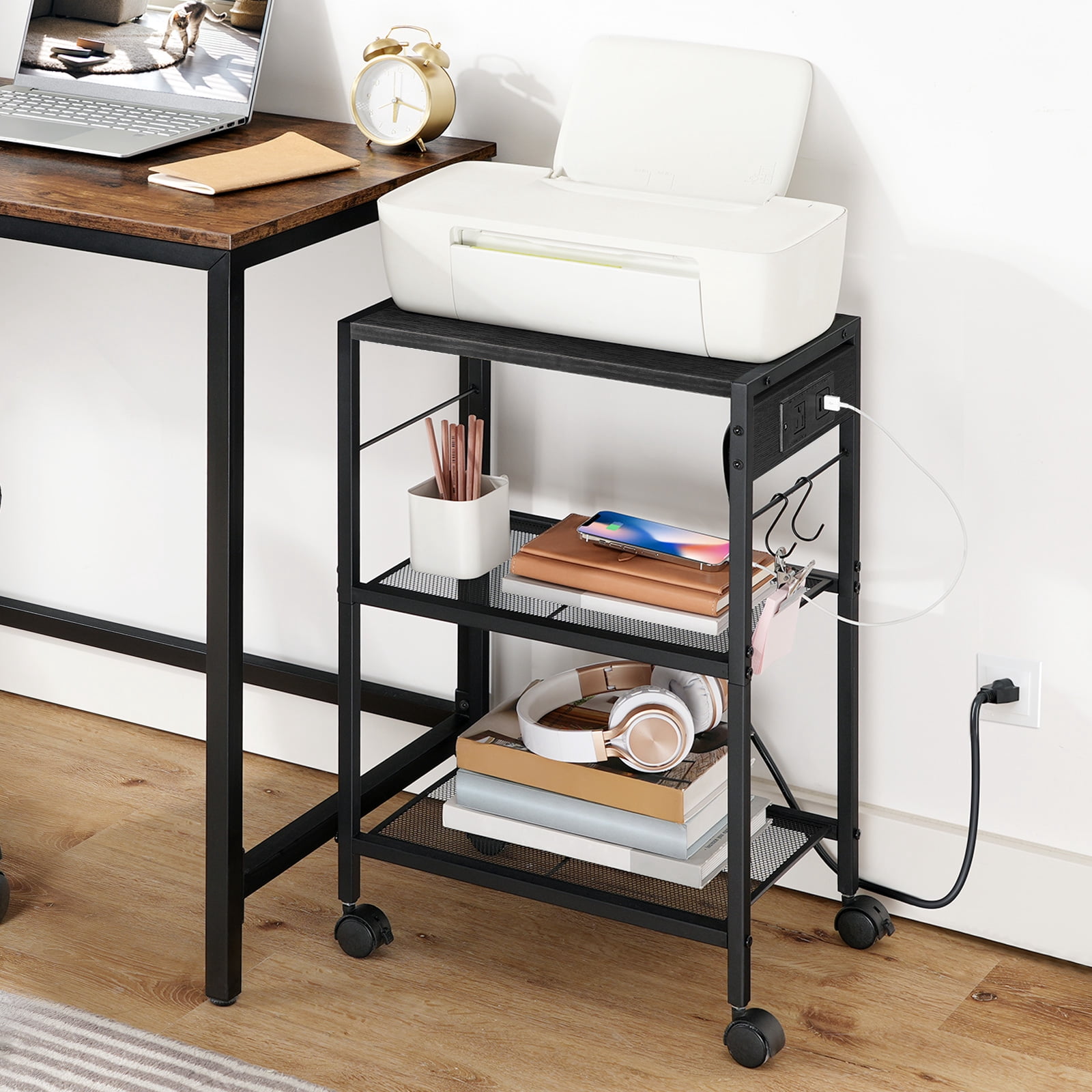 HOOBRO Industrial Printer Stand , 3-Tier Mobile with Power Outlets and USB Ports, Black BB22UPS01