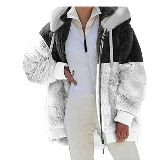Winter Sherpa Jackets for Women Fleece Fuzzy Faux Fur Coat Patchwork Plus Size Sweatshirt Zip Up Oversized Hoodie