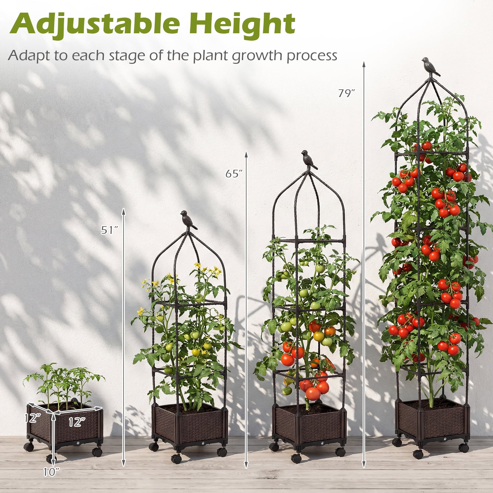 Costway 1 PCS Raised Garden Bed Tomato Cage Planter Box with PE-Coated Metal Trelli Wheels