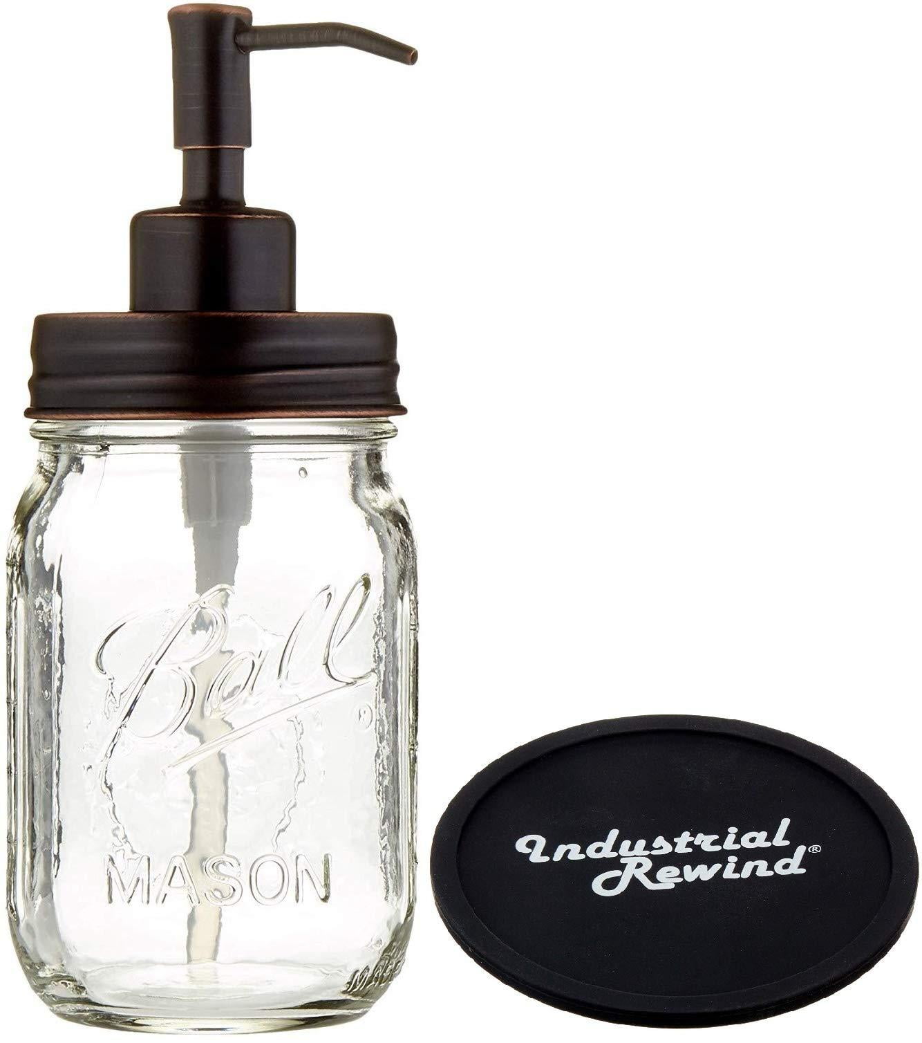 Industrial Rewind Mason Jar soap Dispenser with Non Slip Coaster 16oz