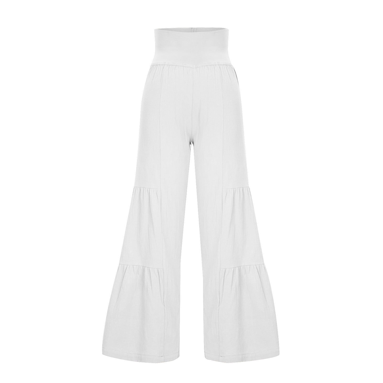 JNGSA Womens Palazzo Long Pants High Waist Wide Leg Stretchy Loose Fit Casual  Trousers Elastic Ruffle Baggy Pants White 12 