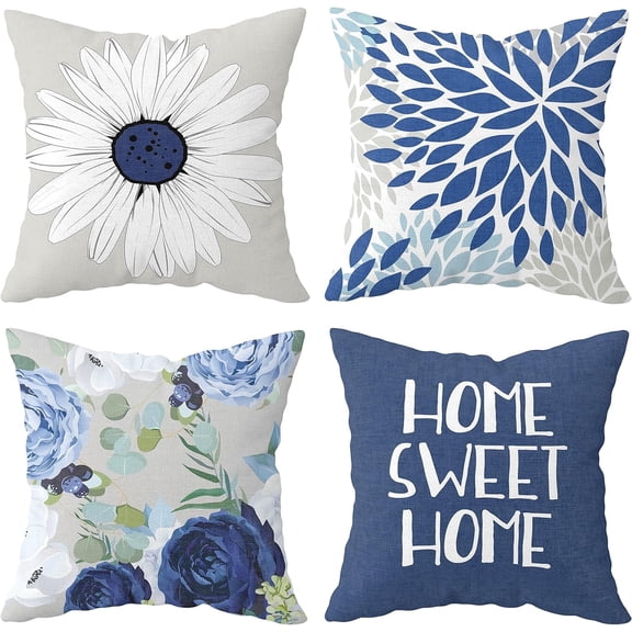 Decorative Blue Pillow Covers 16x16 Set of 4 Farmhouse Throw Pillow Cover for Couch Navy Blue Gray Garden Square Pillow Case Modern Cushion Covers for Living Room Sofa Outdoor Decor