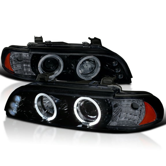 Spec-D Tuning Black Smoke LED Dual Angel Eyes Projector Headlights Compatible with 1996-2003 BMW E39 5-Series Models Without OE Xenon Headlights, Left   Right Pair Headlamps Assembly