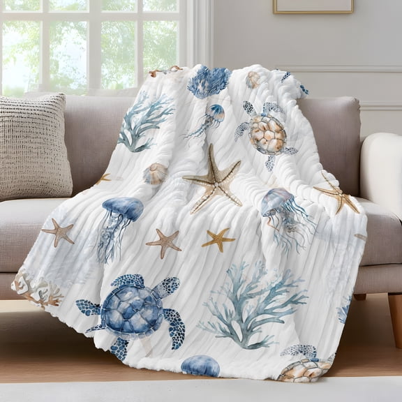 Blue Brown Coastal Fleece Throw Blanket for Couch, Nautical Summer Beach Sea Turtle Microfiber Flannel Blanket for All Season, Lightweight Soft Throw Blankets for Girls, Kids, Teens, 40"x60"