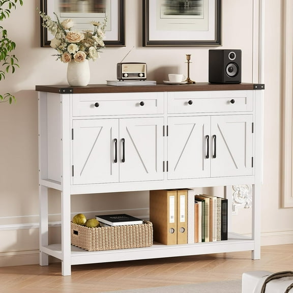 47.2" Farmhouse Console Table Buffet Sideboard Cabinet with Storage, 47.2" Modern Farmhouse Coffee Bar with 2 Drawers and 2 Cabinets, Console Table with Barn Doors and Shelf for Kitchen, Dining Room