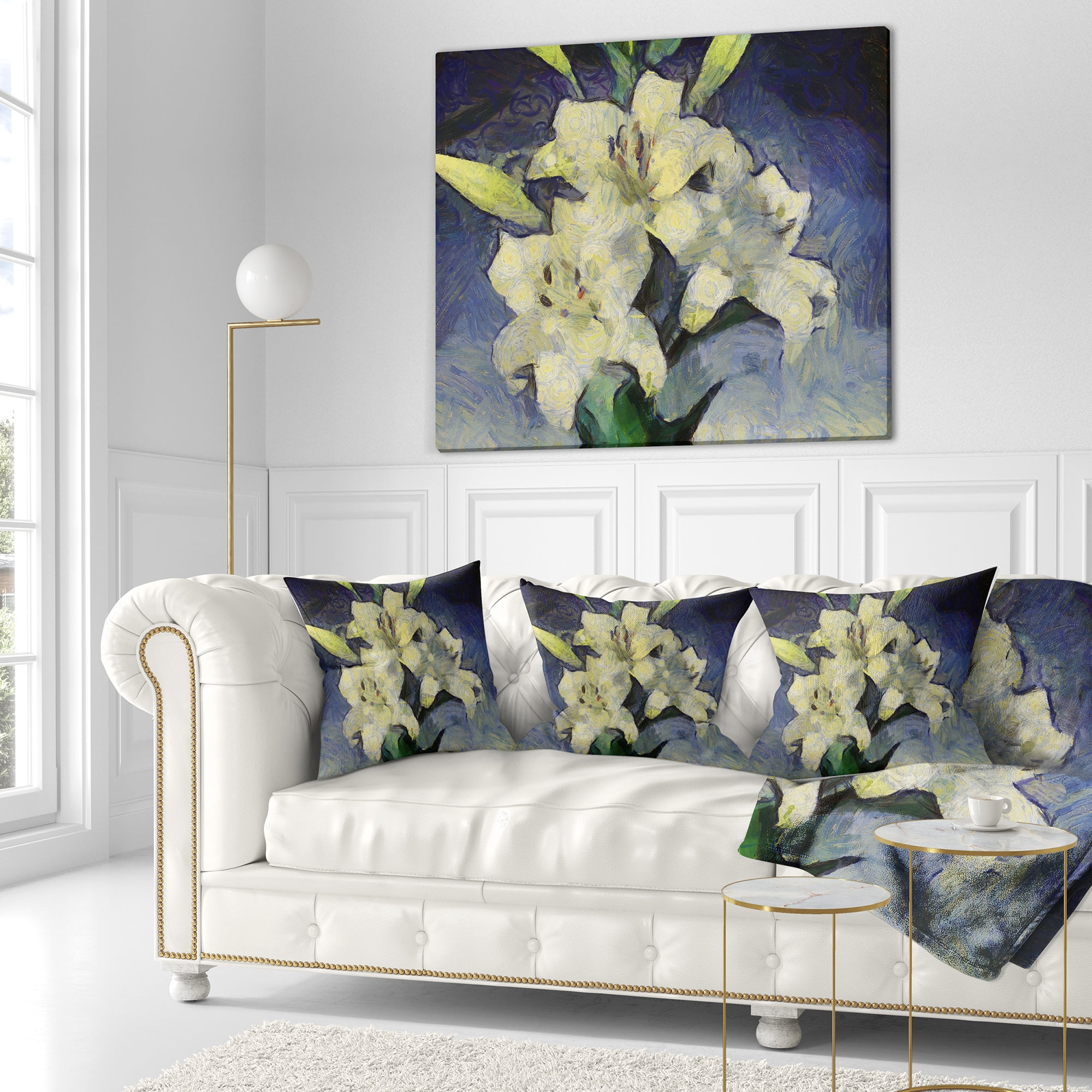 Designart White Lilies on Blue Watercolor - Floral Throw Pillow - 16x16