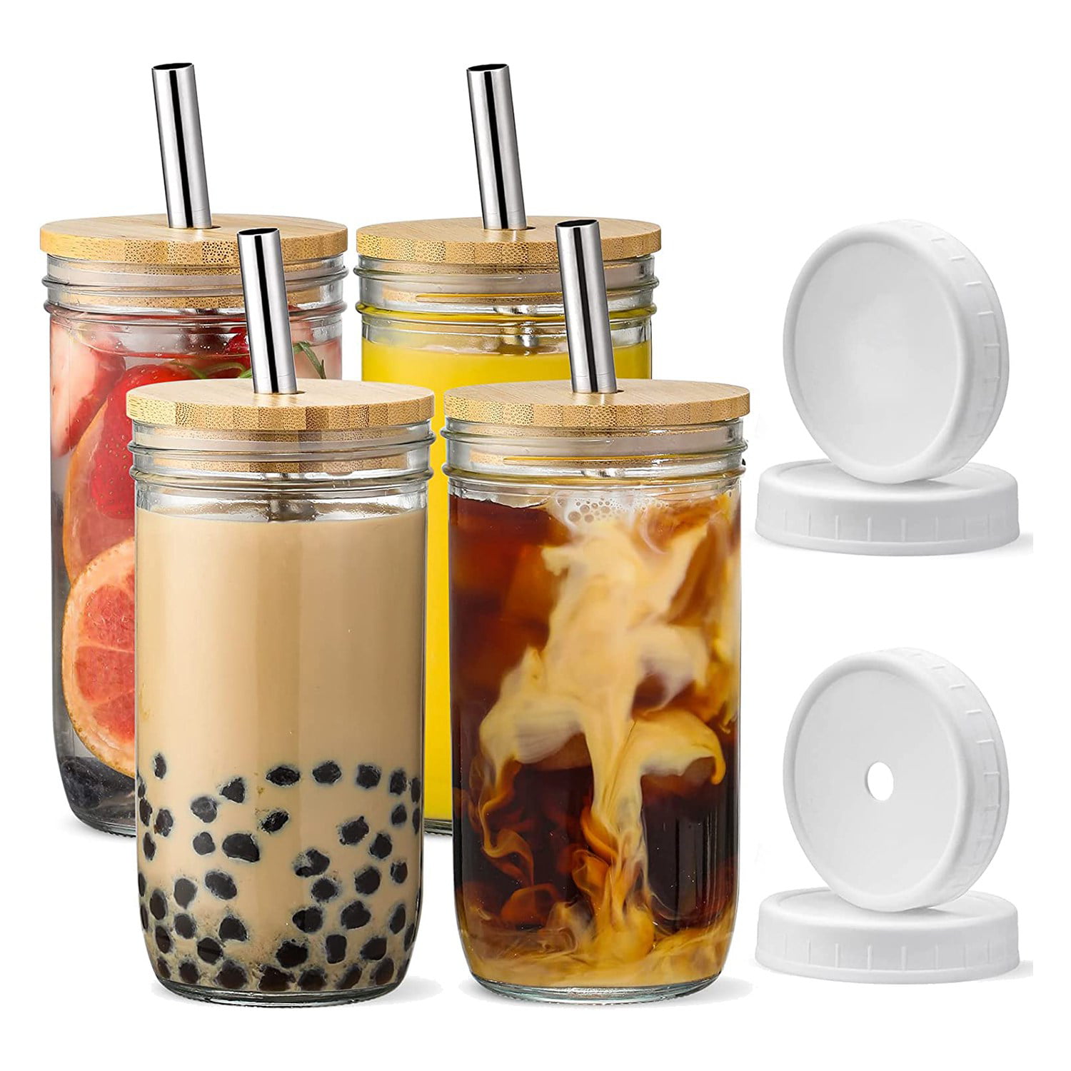 Reusable Boba Cup Bubble Tea Cup , 18oz Wide Mason Jar with Bamboo Lid and  Straw Glass Smoothie Cups Travel Tumbler for Iced Coffee Large Pearl Juices