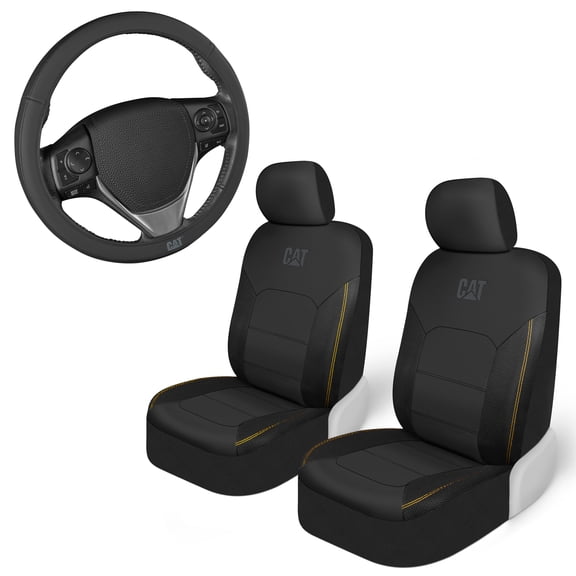 Heavy Duty PU Leather/Mesh Hybrid Car Seat Covers - Steering Wheel Cover and 2 Front Seat Covers for Car/Truck/SUV - Black