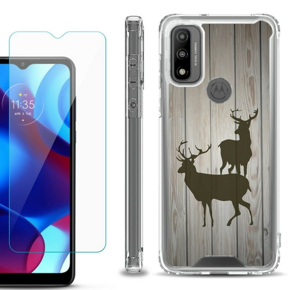 Shockproof Bumper Phone Case for Motorola Moto G Pure, with Tempered Glass Screen Protector, by OneToughShield ® - Wood/Deer