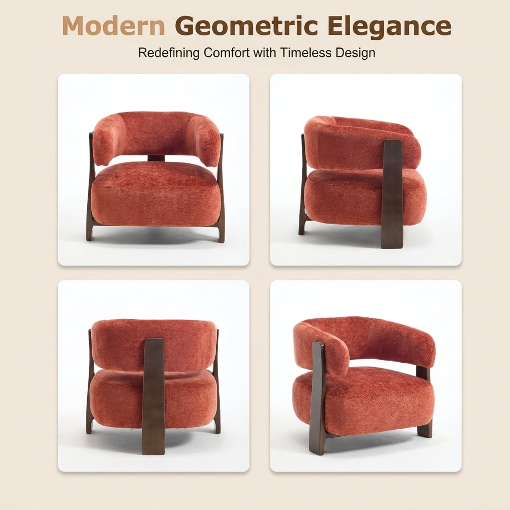 MOONMISS Boucle Accent Chair with Solid Wood Frame, Curved Arm Barrel Chair for Living Room, Bedroom & Office,Red