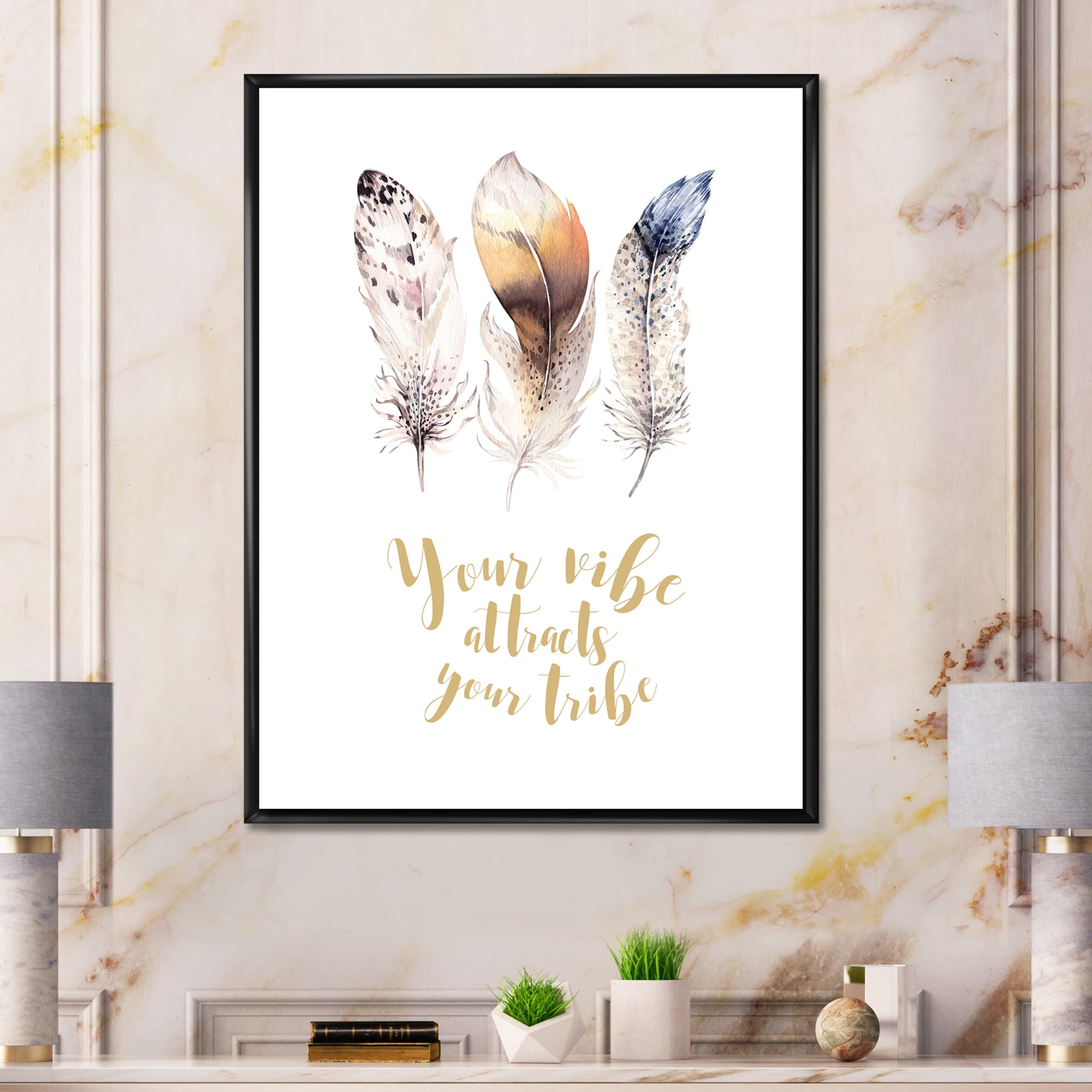 Designart 'Multicolored Ethnic Art Feathers With Inspiring Quote' Bohemian & Eclectic Framed Canvas Wall Art Print