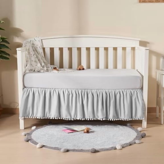 Baby Crib Skirt Girls Boys, Ruffled Bed Skirt with Pompoms, 28”x 52”, 14'' Drop, Gray