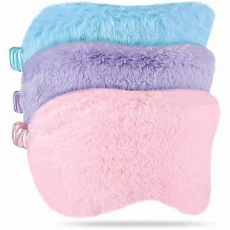 wonima66 Plush Eye Mask 3 Pcs Sleeping Blindfold - Comfortable Soft Furry Eye Cover for Sleepover Gift Birthday Party Favors (Pink, Purple, Sky Blue)