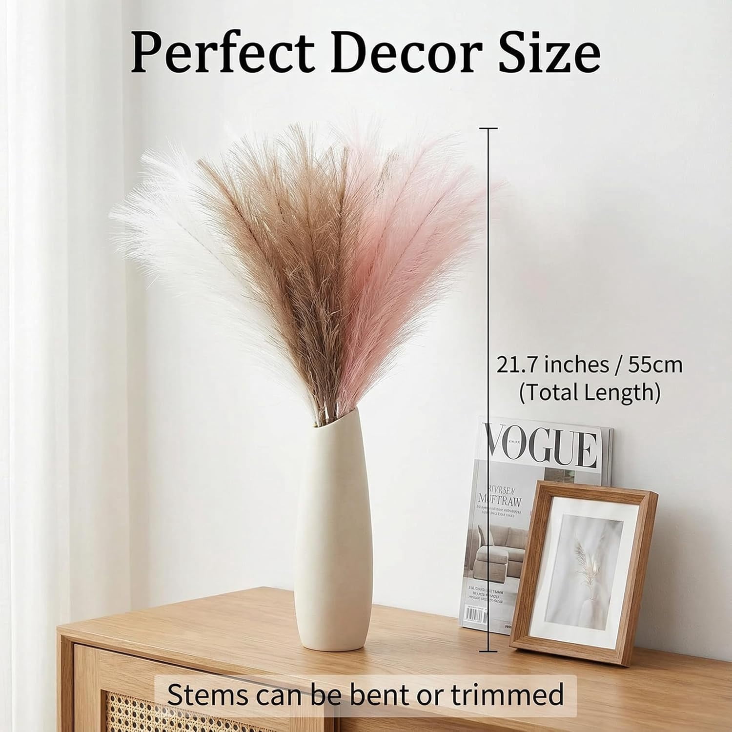 Pampas Grass Decor, Faux Pampas Grass White Pink Brown Artificial Dried Flowers Fluffy No Shedding for Boho Wedding Home Bedroom Vase Filler