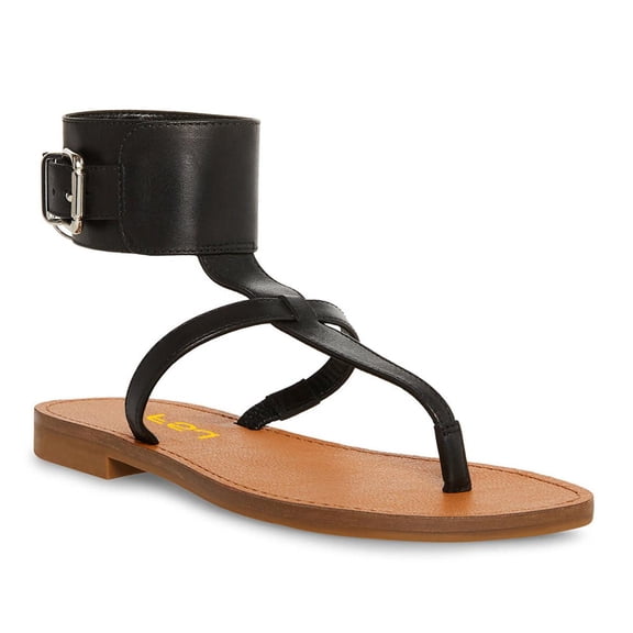 FSJ Women Split Open Toe Thong Sandals Wide Buckled Ankle Strap Flats Summer Beach Vacation Gladiator Sandals Size 8 Black