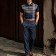thumbnail image 2 of Men's 2 PC Set Geometric Print Quarter Button Shirt and Dress Pants Business Casual Summer Outfit Sets Navy XL, 2 of 5