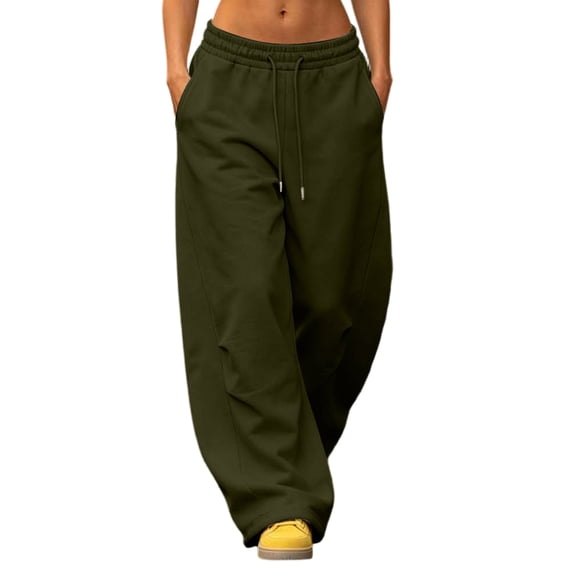 JSheng Women's Loose Sweatpants Solid Color High-waisted Wide-leg Casual Drawstring Sport Pants With Pockets Army Green L