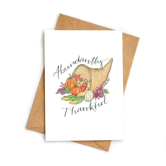Abundantly Thankful Greeting Card – Cornucopia Design for Thanksgiving – Includes Envelope, Blank Inside – Perfect for Expressing Gratitude and Sending Warm Wishes