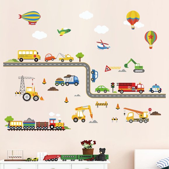 Décalcomanies Murales de Construction Transport Voiture Camion Avion Garçons Autocollants Muraux Chambre d'Enfant Chambre Bébé Salle de Jeux Décoration Murale