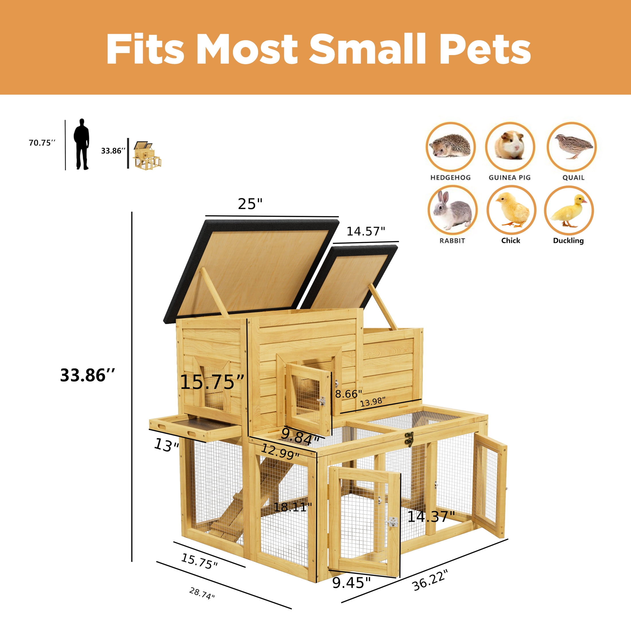 Large Outdoor Wooden Quail Cage Rabbit Hutch Chicken Coop with Run & Ramp，2 Tier