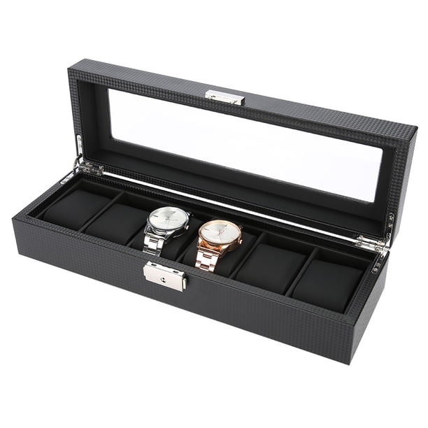 Caja De Exhibición De Reloj Caja De Exhibición De Reloj Organizador De Reloj 6 Rejillas PU Fibra De Carbono Soporte De Reloj De Cuero Reloj De Pulsera Caja De Almacenamiento De