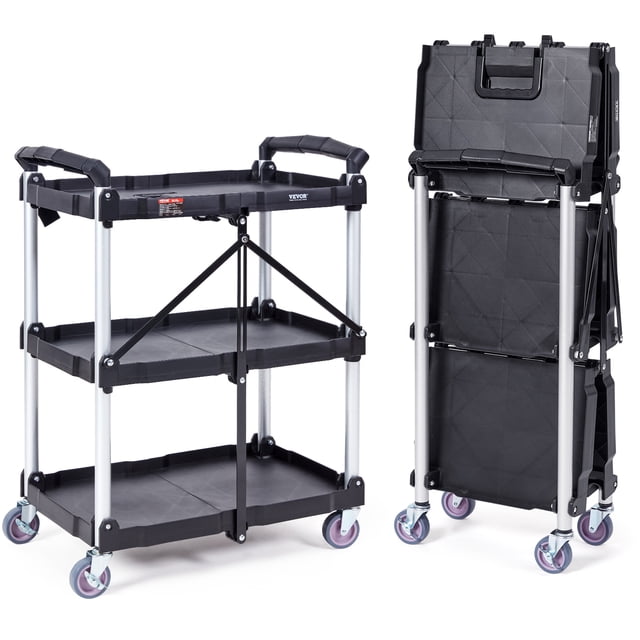 VEVOR Chariot Utilitaire Pliable, 3 Étagères 165LBS Chariot Roulant en Plastique Robuste avec Roues Verrouillables, Poignée Ergonomique, Chariot à Outils Portable pour Entrepôt/bureau/maison (25.62"x15.43"x32.76 Pouces)