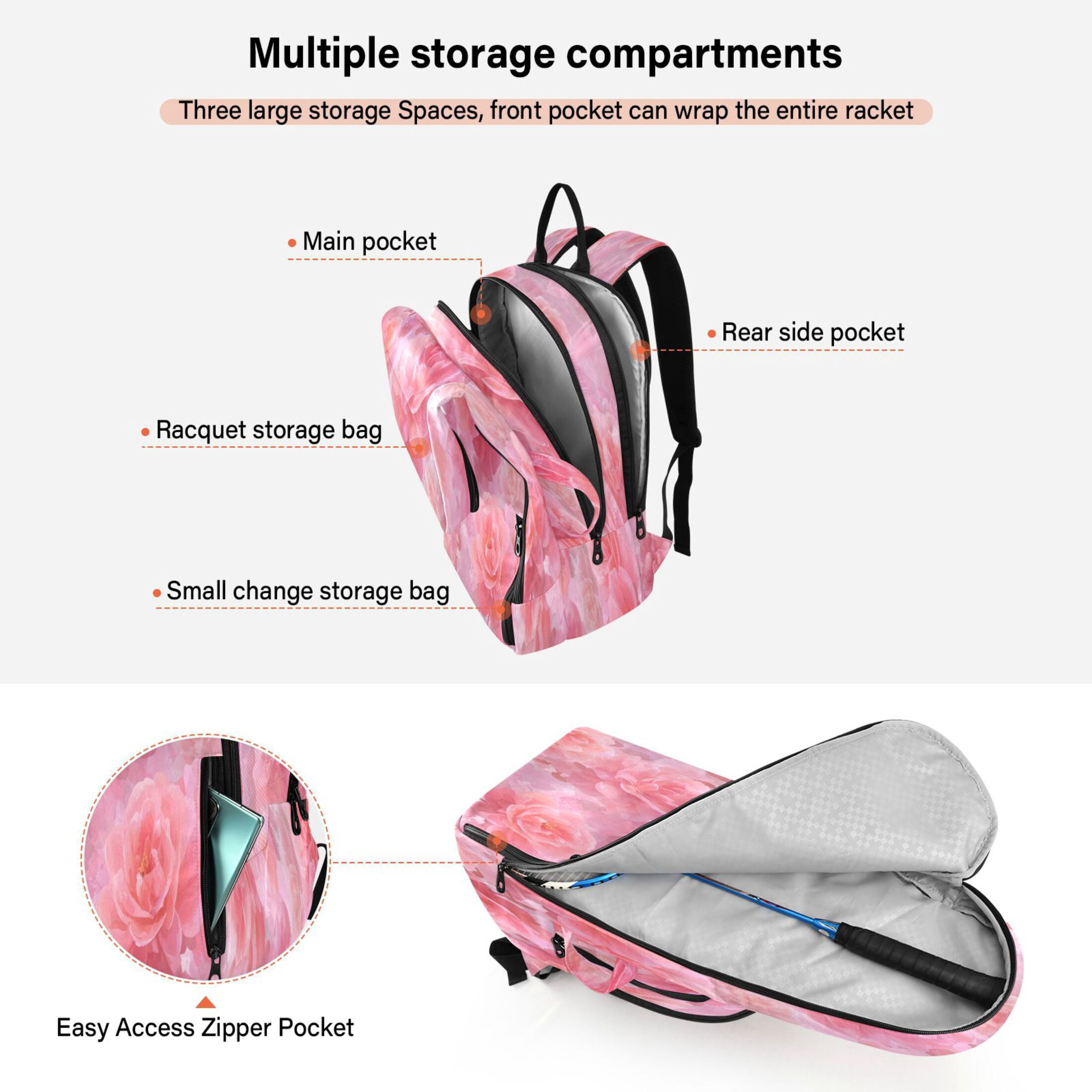 2 Racquet Holder Tennis Backpack Tennis Racket Covers Gym Bags Pale Pink Roses Pattern