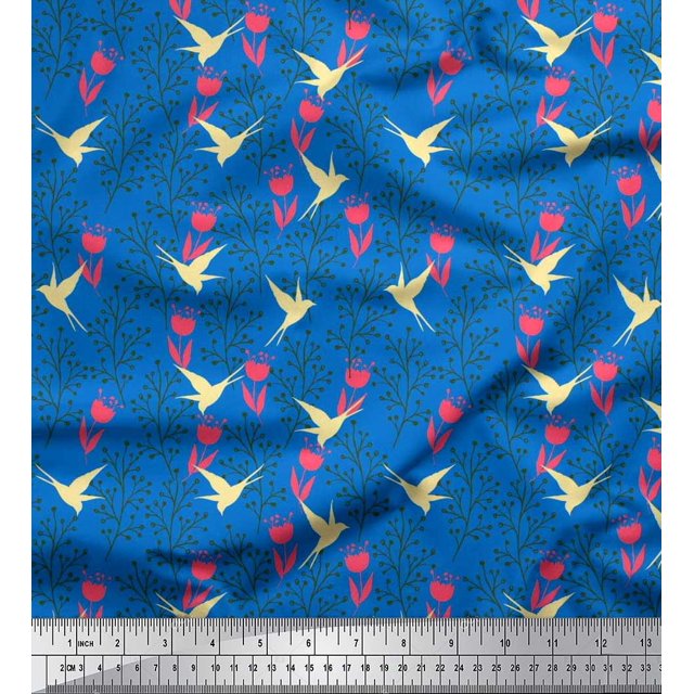 Soimoi Tissu Crêpe Polyester Baies, Floral & Imprimé d'Oiseaux au Mètre 52 Pouces de Large