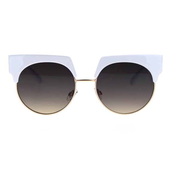 Womens Thick Brow Half Horn Rim Cat Eye Sunglasses White Gold Smoke