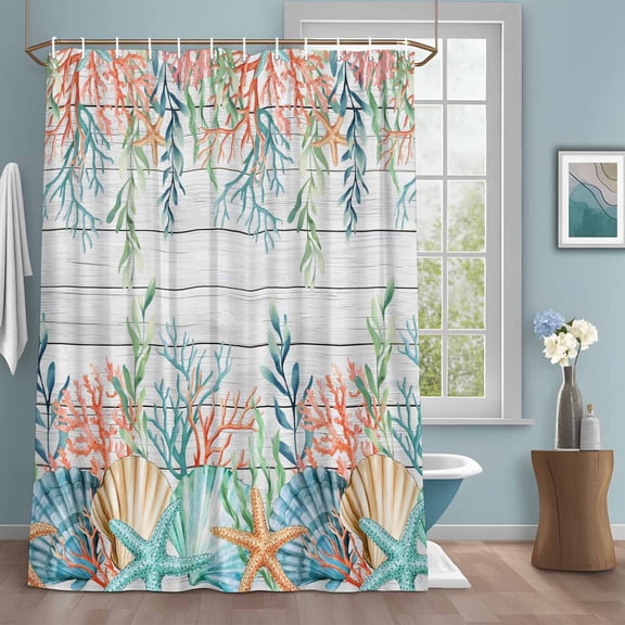 Summer Beach Shower Curtains for Bathroom, Ocean Colorful Coral Shell Seaweed Starfish Wood Grain Washable Fabric Shower Curtain with Hooks Waterproof Bathroom Decor Sets, 54 x 78 Inches