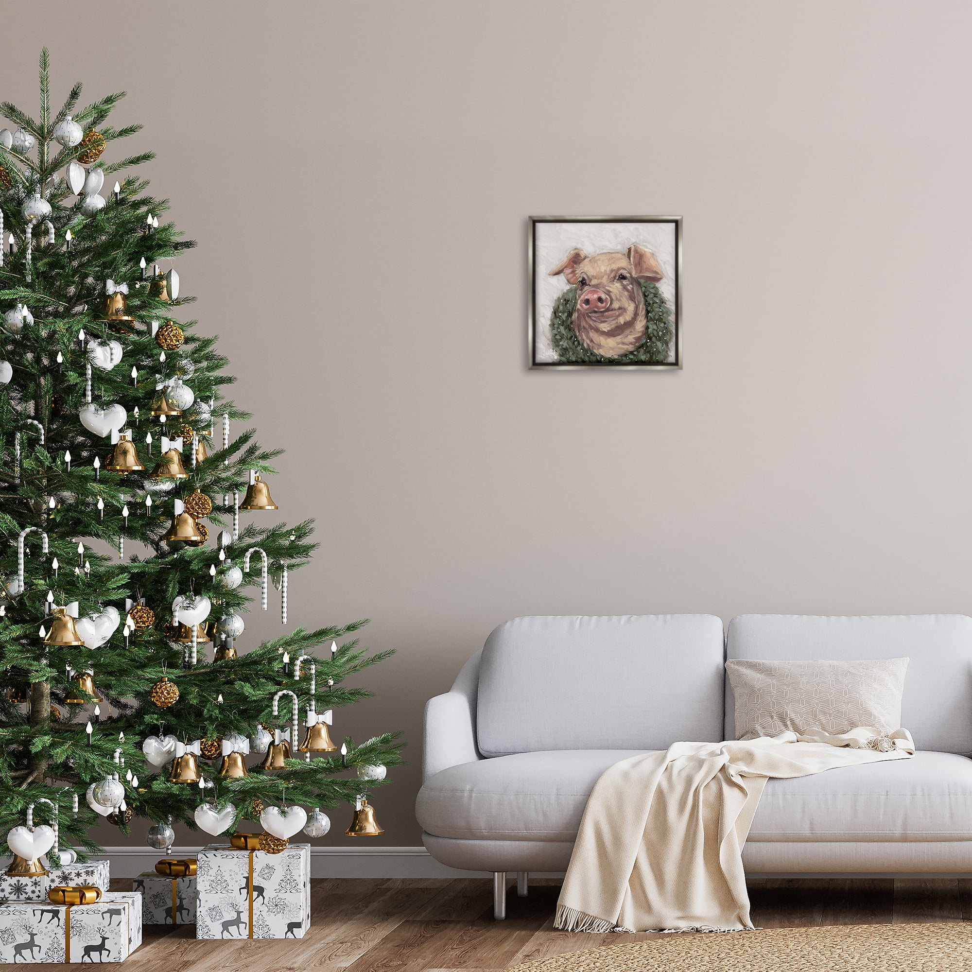 Stupell Industries Pig with Holiday Wreath Holiday Painting Gray Floater Framed Canvas Art Prints Wall Art, 18 x 18