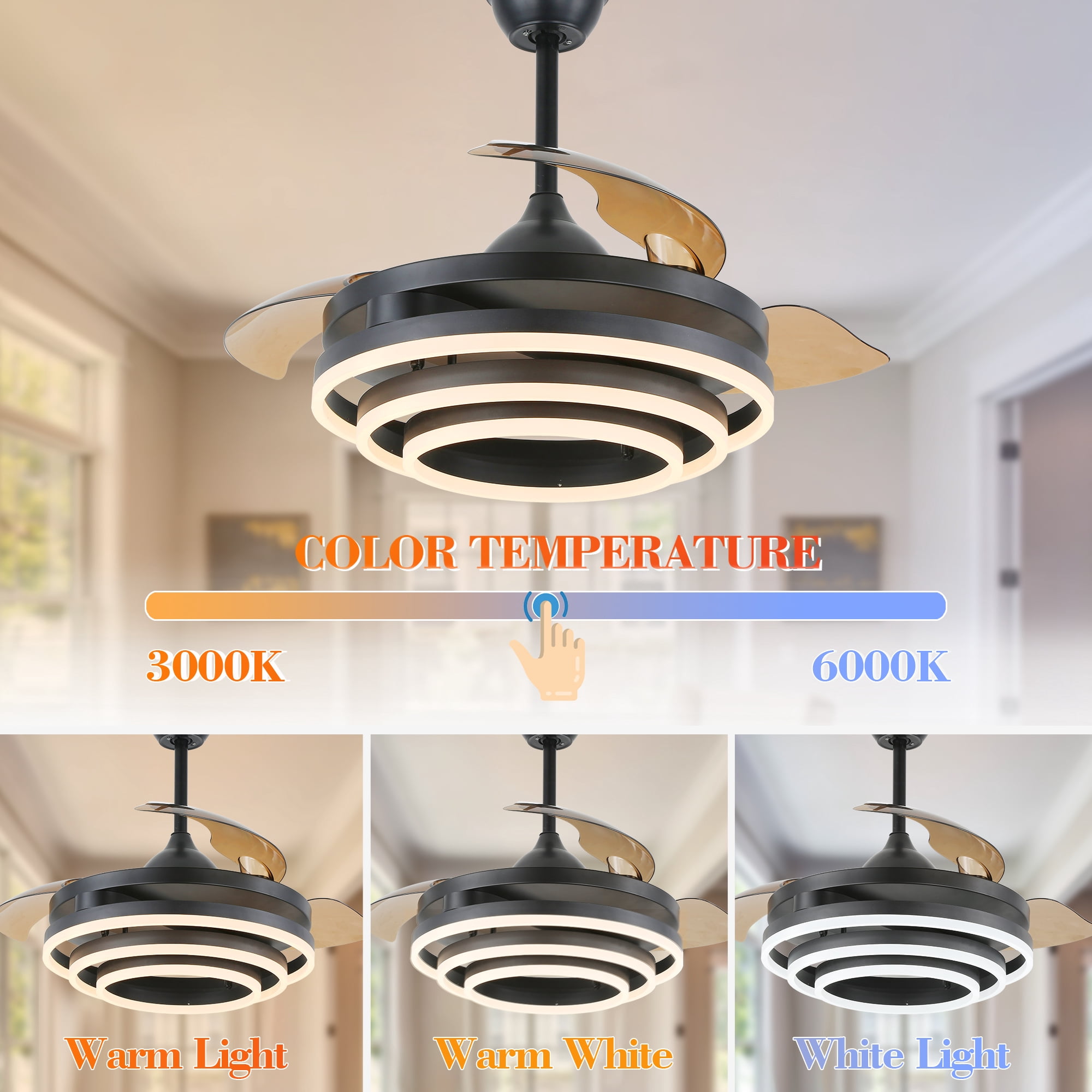45W LED Retractable Ceiling Fan with Dimmable Remote Control, 42inch Black DIY Shape Reversible Ceiling Fan with 6-Speed and 3 Light Color